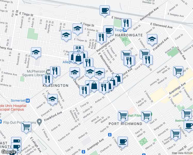 map of restaurants, bars, coffee shops, grocery stores, and more near 1945 East Allegheny Avenue in Philadelphia