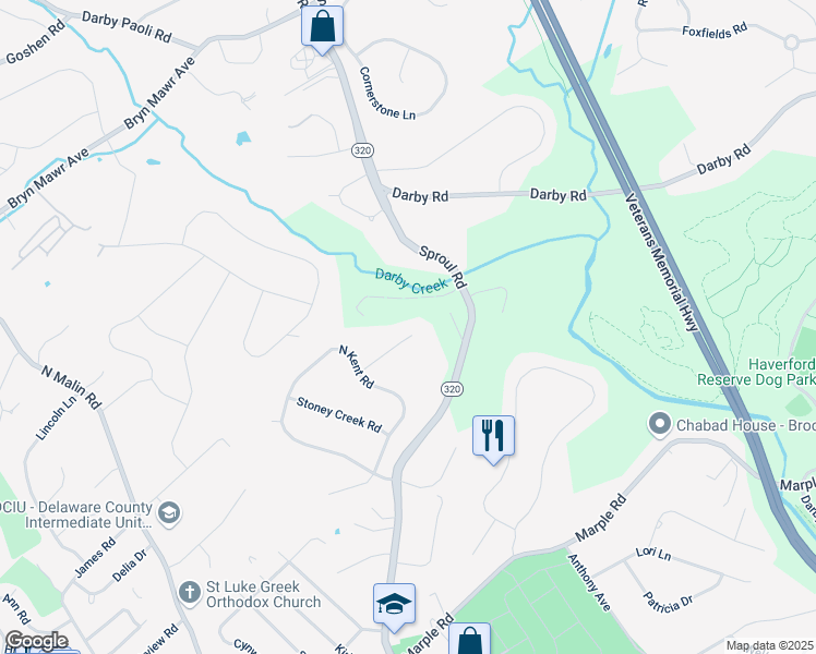 map of restaurants, bars, coffee shops, grocery stores, and more near 409 Atwater Road in Broomall