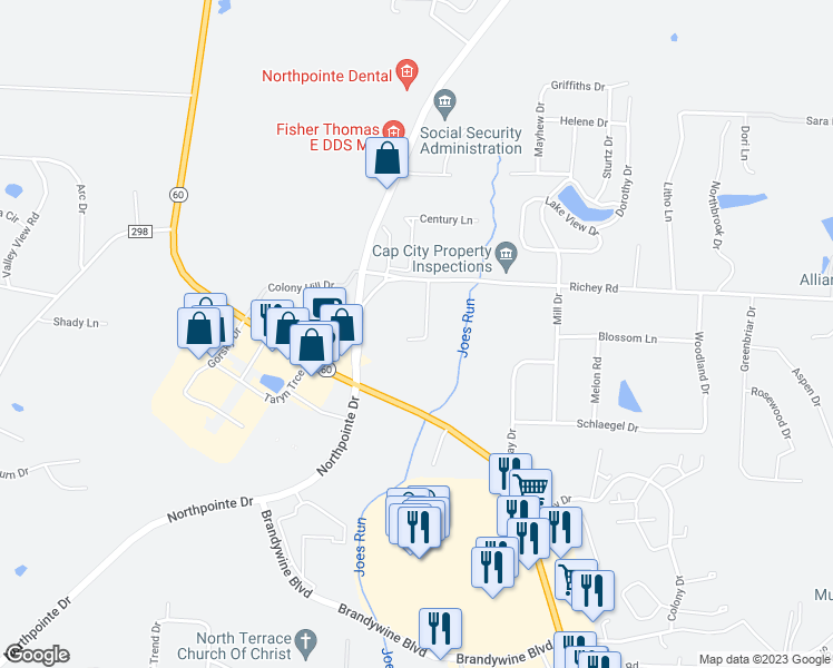 map of restaurants, bars, coffee shops, grocery stores, and more near 3735 Meadowbrook Drive in Zanesville