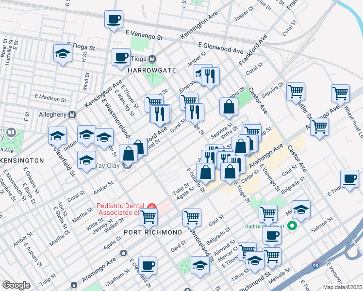 map of restaurants, bars, coffee shops, grocery stores, and more near 3401 Collins Street in Philadelphia
