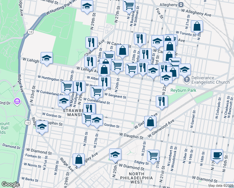 map of restaurants, bars, coffee shops, grocery stores, and more near 2539 North 26th Street in Philadelphia