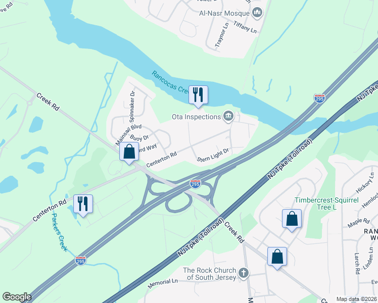map of restaurants, bars, coffee shops, grocery stores, and more near 95 Stern Light Drive in Mount Laurel Township
