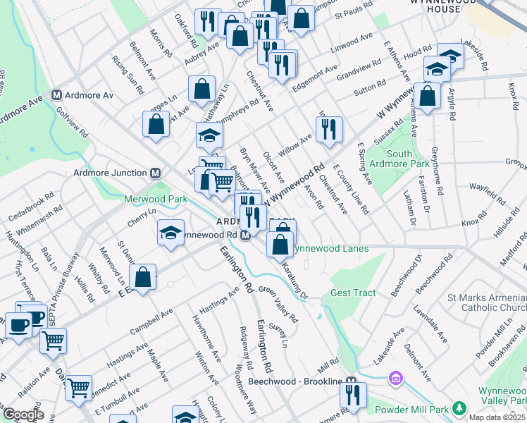 map of restaurants, bars, coffee shops, grocery stores, and more near 627 West Wynnewood Road in Ardmore