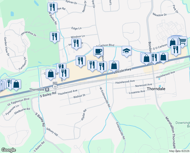 map of restaurants, bars, coffee shops, grocery stores, and more near 3455 Lincoln Highway in Thorndale