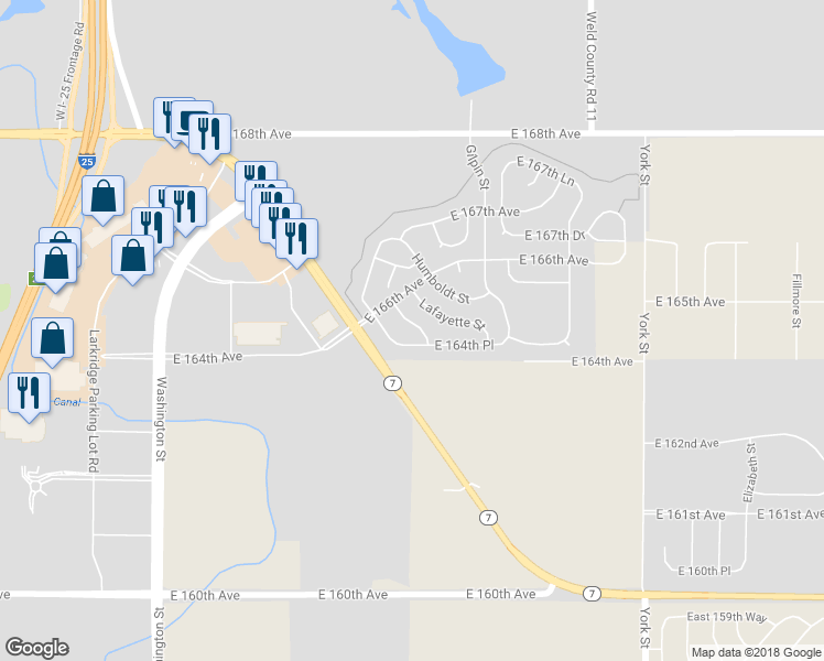 map of restaurants, bars, coffee shops, grocery stores, and more near 16499 Marion Street in Thornton