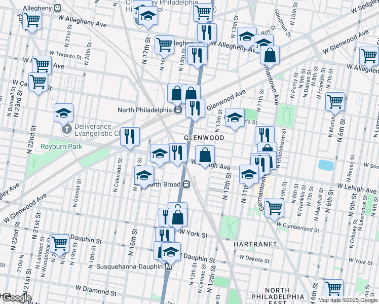 map of restaurants, bars, coffee shops, grocery stores, and more near 2709 North Broad Street in Philadelphia