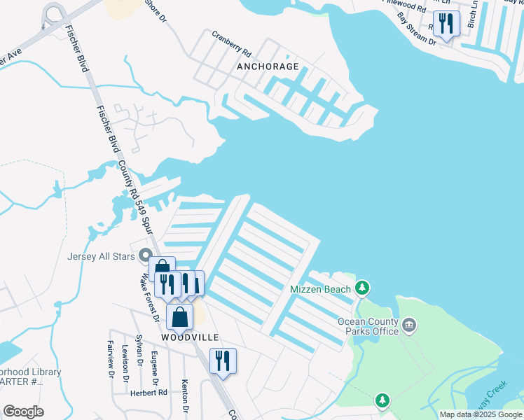 map of restaurants, bars, coffee shops, grocery stores, and more near 1820 Ensign Court in Toms River