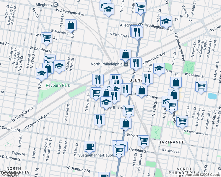 map of restaurants, bars, coffee shops, grocery stores, and more near 1533 W Lehigh Ave in Philadelphia