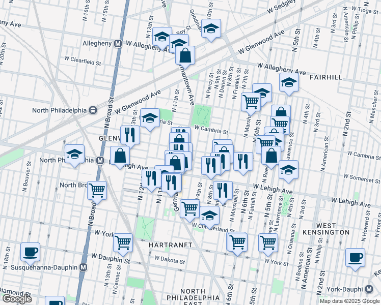map of restaurants, bars, coffee shops, grocery stores, and more near 932 West Somerset Street in Philadelphia