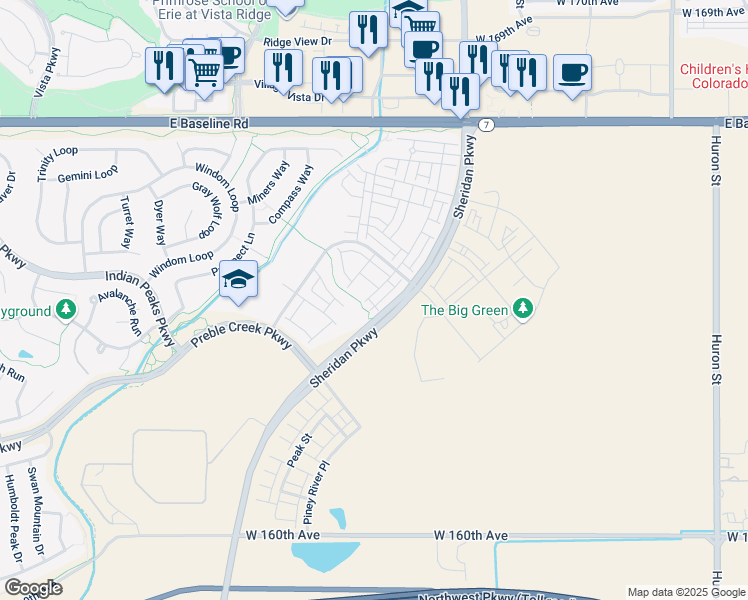 map of restaurants, bars, coffee shops, grocery stores, and more near 16556 Shoshone Street in Broomfield