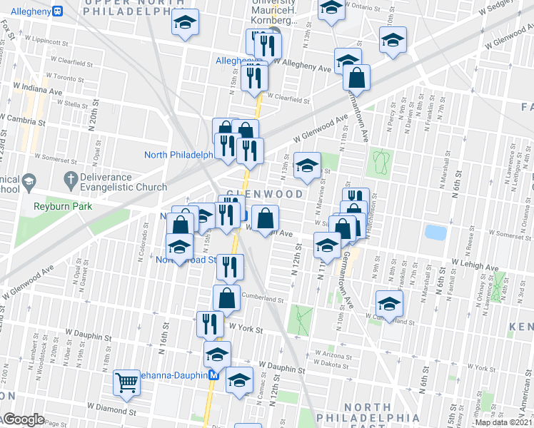 map of restaurants, bars, coffee shops, grocery stores, and more near 2727 North Park Avenue in Philadelphia