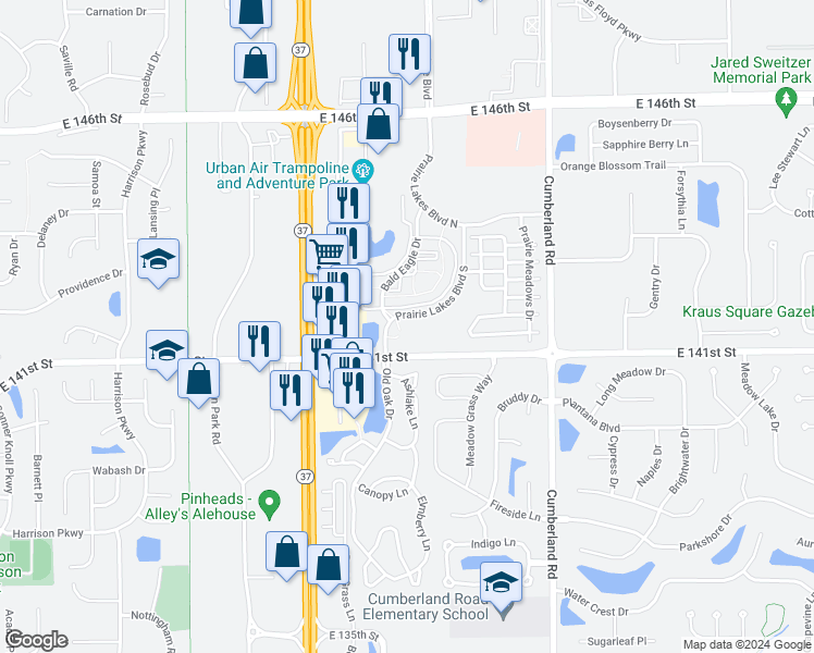 map of restaurants, bars, coffee shops, grocery stores, and more near 204 Prairie Lakes Boulevard South in Noblesville
