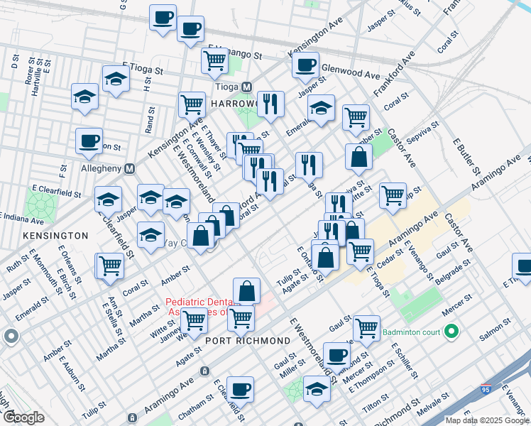map of restaurants, bars, coffee shops, grocery stores, and more near 3367 Amber Street in Philadelphia