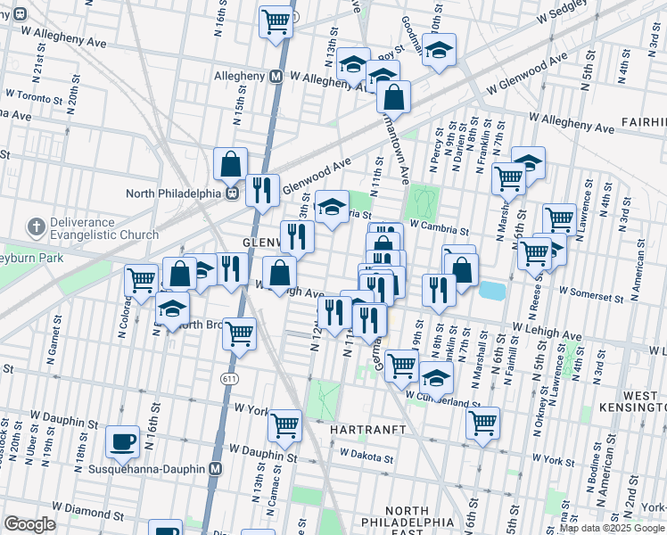 map of restaurants, bars, coffee shops, grocery stores, and more near 2731 North 12th Street in Philadelphia