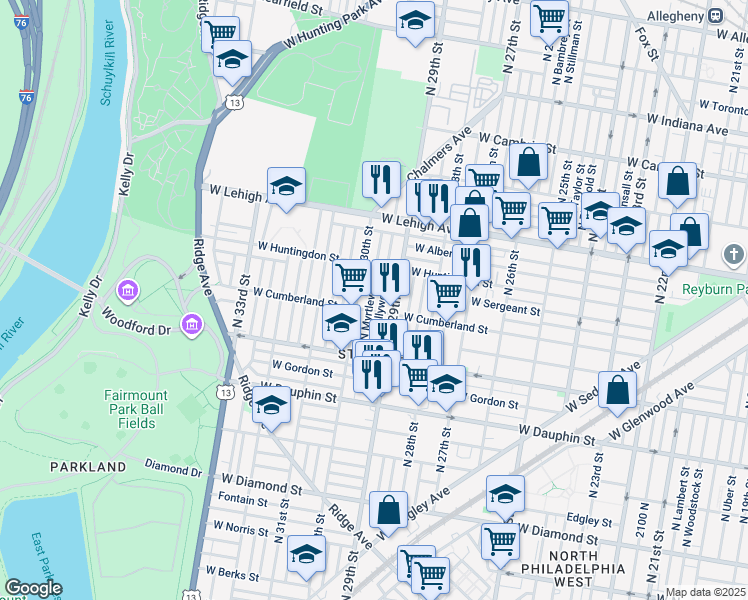 map of restaurants, bars, coffee shops, grocery stores, and more near 2515 North Myrtlewood Street in Philadelphia