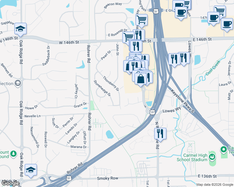map of restaurants, bars, coffee shops, grocery stores, and more near 426 Thornberry Drive in Carmel