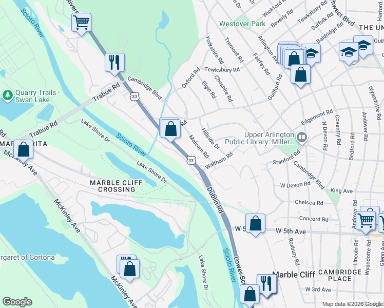map of restaurants, bars, coffee shops, grocery stores, and more near 1920 Riverside Drive in Columbus