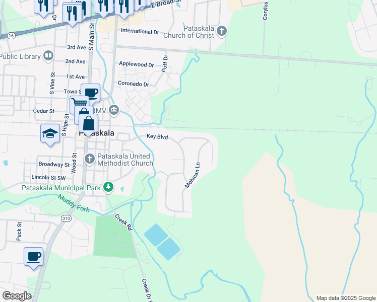 map of restaurants, bars, coffee shops, grocery stores, and more near 253 Key Blvd in Pataskala