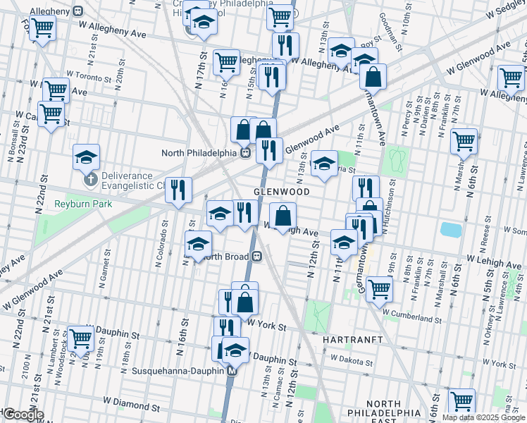 map of restaurants, bars, coffee shops, grocery stores, and more near 2709 North Broad Street in Philadelphia