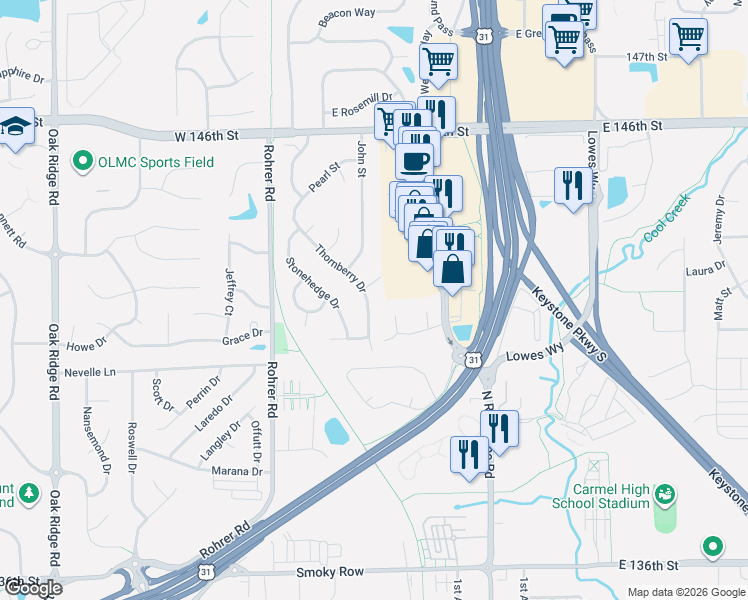 map of restaurants, bars, coffee shops, grocery stores, and more near 305 Walter Street in Carmel
