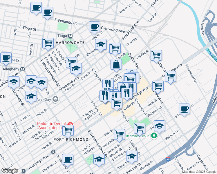 map of restaurants, bars, coffee shops, grocery stores, and more near 2215 East Tioga Street in Philadelphia