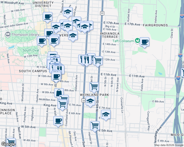 map of restaurants, bars, coffee shops, grocery stores, and more near East 11th Avenue & Hamlet Street in Columbus
