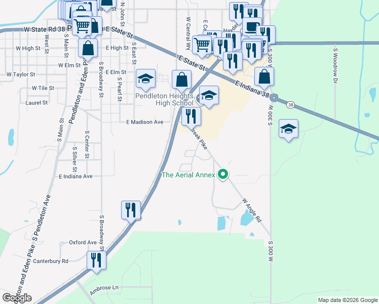 map of restaurants, bars, coffee shops, grocery stores, and more near 8152 West Angle Road in Pendleton