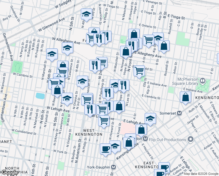 map of restaurants, bars, coffee shops, grocery stores, and more near 2911 North Mascher Street in Philadelphia