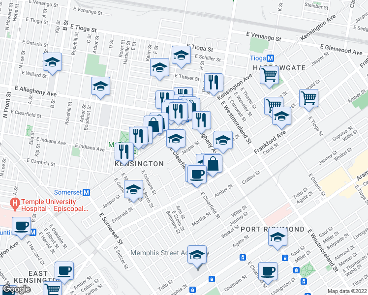 map of restaurants, bars, coffee shops, grocery stores, and more near 1860 East Clementine Street in Philadelphia