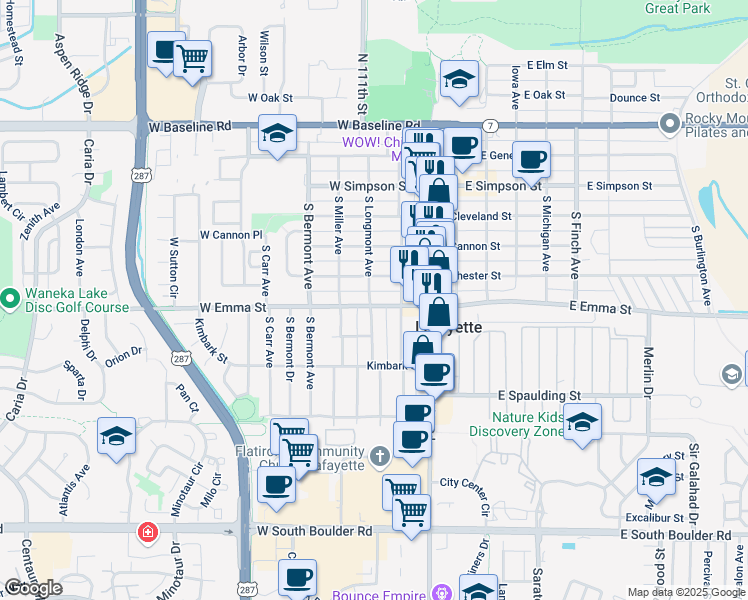map of restaurants, bars, coffee shops, grocery stores, and more near 211 West Emma Street in Lafayette