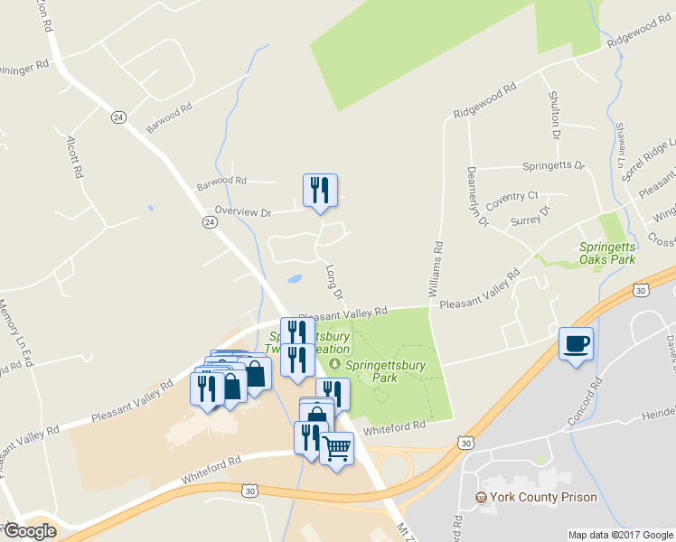 map of restaurants, bars, coffee shops, grocery stores, and more near 1723 Long Drive in York