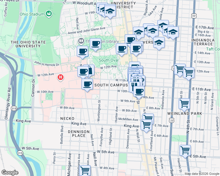 map of restaurants, bars, coffee shops, grocery stores, and more near 1596 Highland Street in Columbus