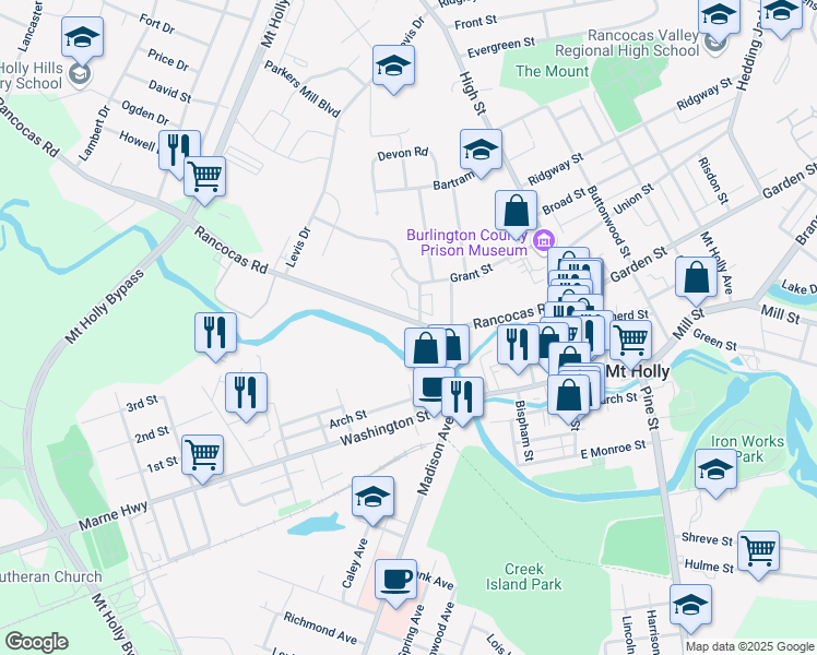 map of restaurants, bars, coffee shops, grocery stores, and more near 134 Rancocas Road in Mount Holly