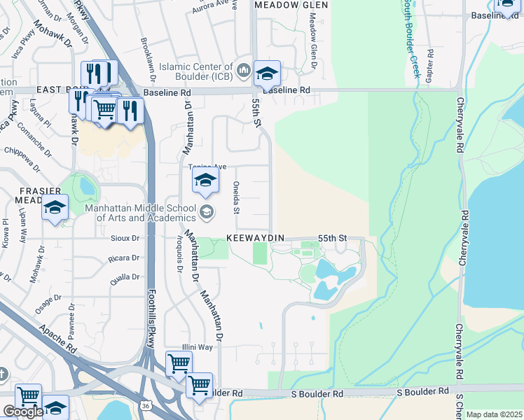 map of restaurants, bars, coffee shops, grocery stores, and more near 5483 Pueblo Place in Boulder