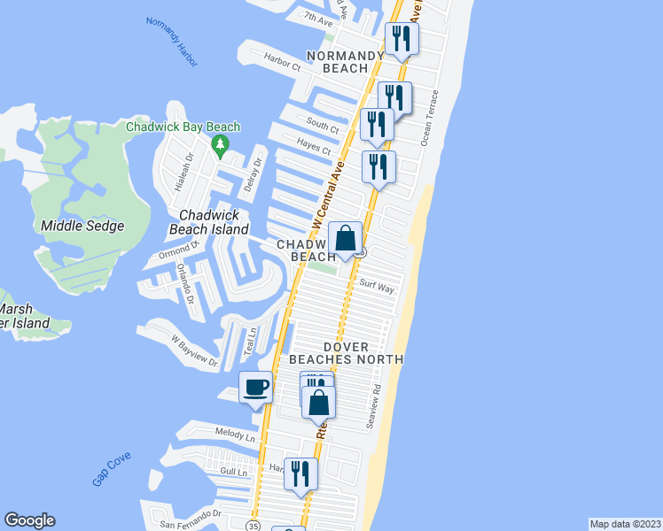 map of restaurants, bars, coffee shops, grocery stores, and more near 110 Johnson Road in Lavallette