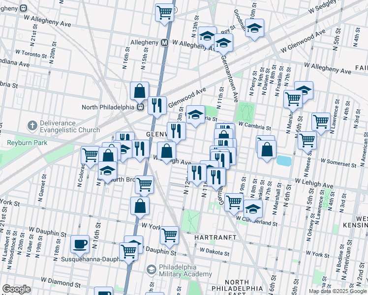 map of restaurants, bars, coffee shops, grocery stores, and more near 1226 West Seltzer Street in Philadelphia