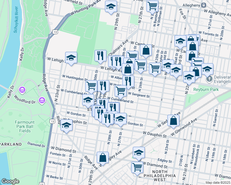 map of restaurants, bars, coffee shops, grocery stores, and more near 2530 North 28th Street in Philadelphia