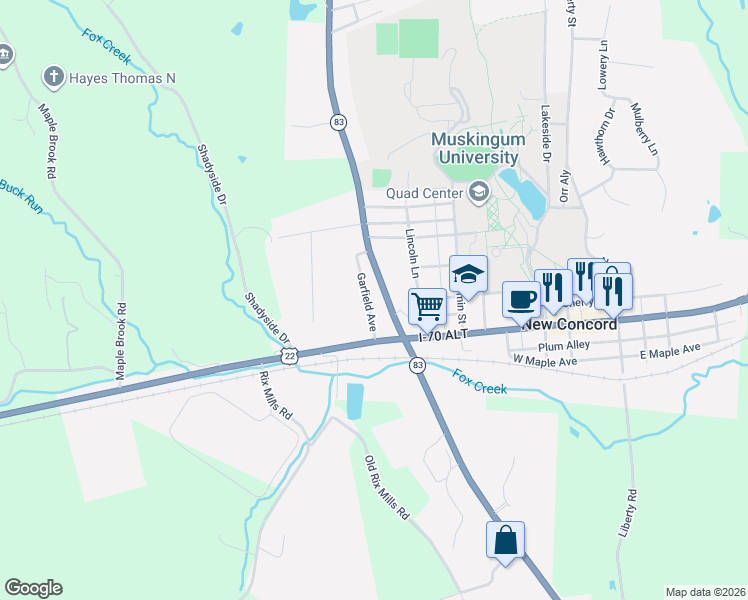 map of restaurants, bars, coffee shops, grocery stores, and more near 7 Garfield Avenue in New Concord
