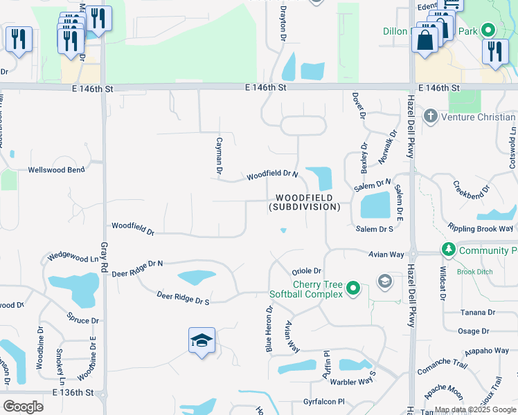 map of restaurants, bars, coffee shops, grocery stores, and more near 5327 Woodfield Drive in Carmel