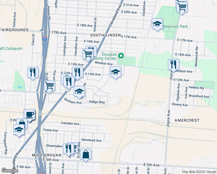 map of restaurants, bars, coffee shops, grocery stores, and more near 1400 Brooks Avenue in Columbus