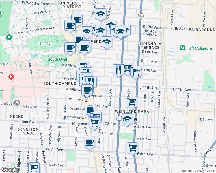 map of restaurants, bars, coffee shops, grocery stores, and more near 107 East 11th Avenue in Columbus