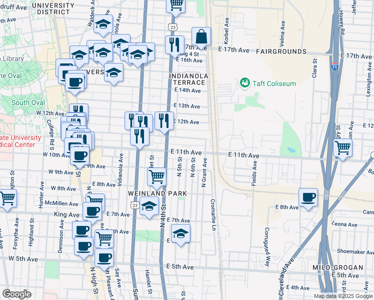 map of restaurants, bars, coffee shops, grocery stores, and more near 354 East 11th Avenue in Columbus