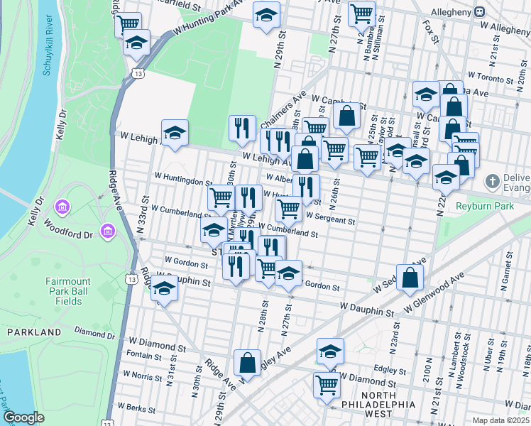 map of restaurants, bars, coffee shops, grocery stores, and more near 2529 N Dover St in Philadelphia