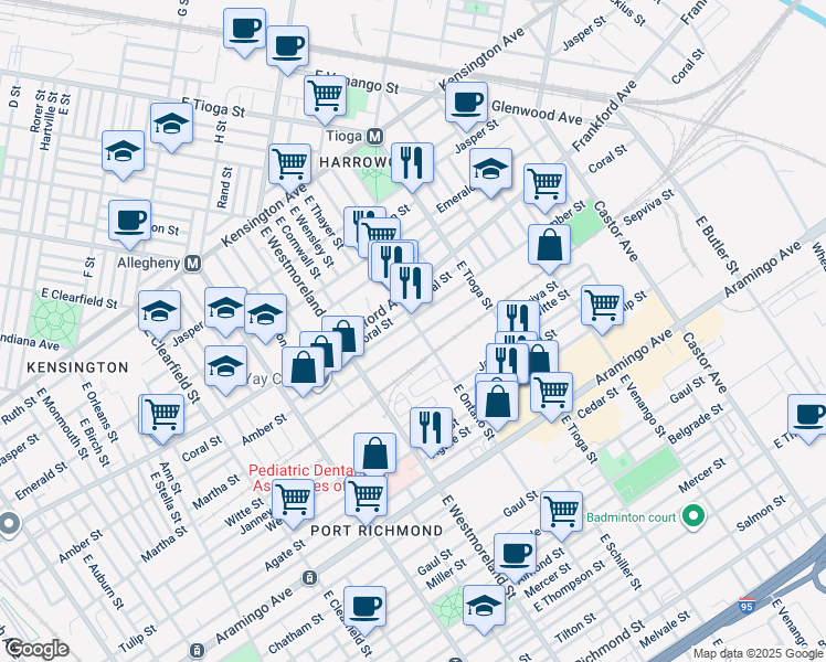 map of restaurants, bars, coffee shops, grocery stores, and more near 2110 East Ontario Street in Philadelphia
