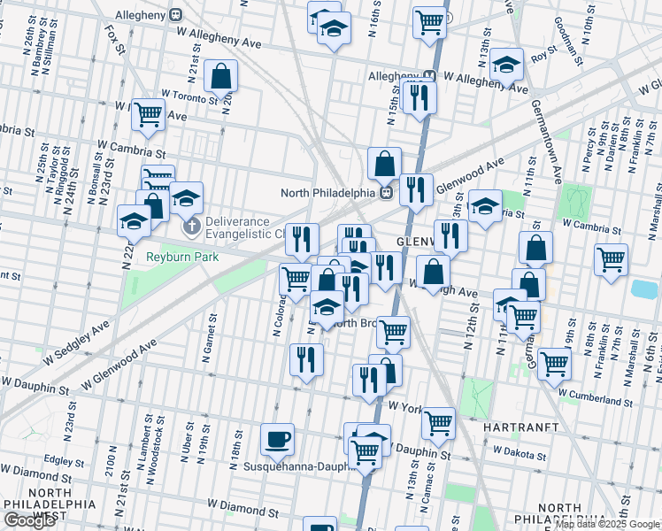 map of restaurants, bars, coffee shops, grocery stores, and more near 1601 W Lehigh Ave in Philadelphia