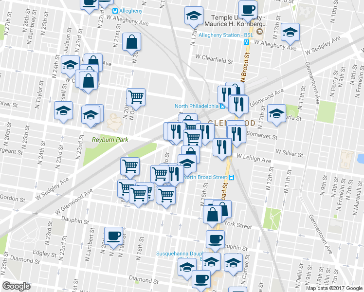 map of restaurants, bars, coffee shops, grocery stores, and more near W Lehigh Ave & N Chadwick St in Philadelphia