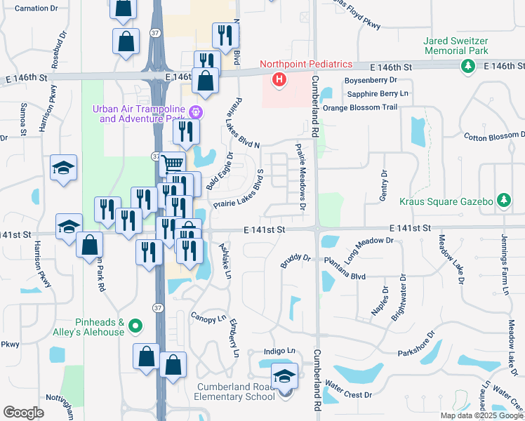 map of restaurants, bars, coffee shops, grocery stores, and more near 9636 Rolling Plain Drive in Noblesville