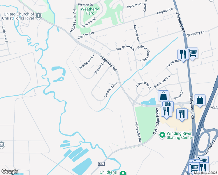 map of restaurants, bars, coffee shops, grocery stores, and more near 507 Leawood Avenue in Toms River