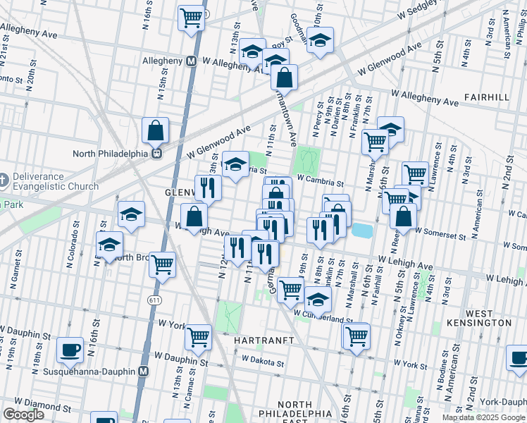 map of restaurants, bars, coffee shops, grocery stores, and more near 2737 North 11th Street in Philadelphia