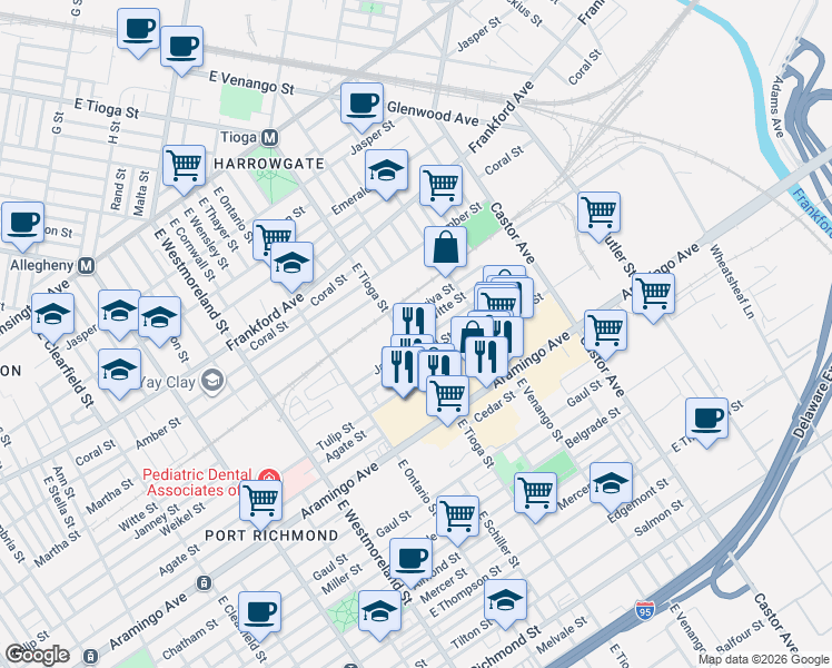 map of restaurants, bars, coffee shops, grocery stores, and more near 2215 East Tioga Street in Philadelphia